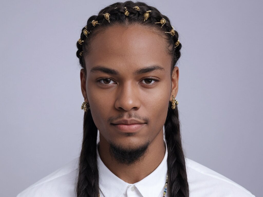 A man with cornrow braids decorated with beads and accessories, adding a personal touch