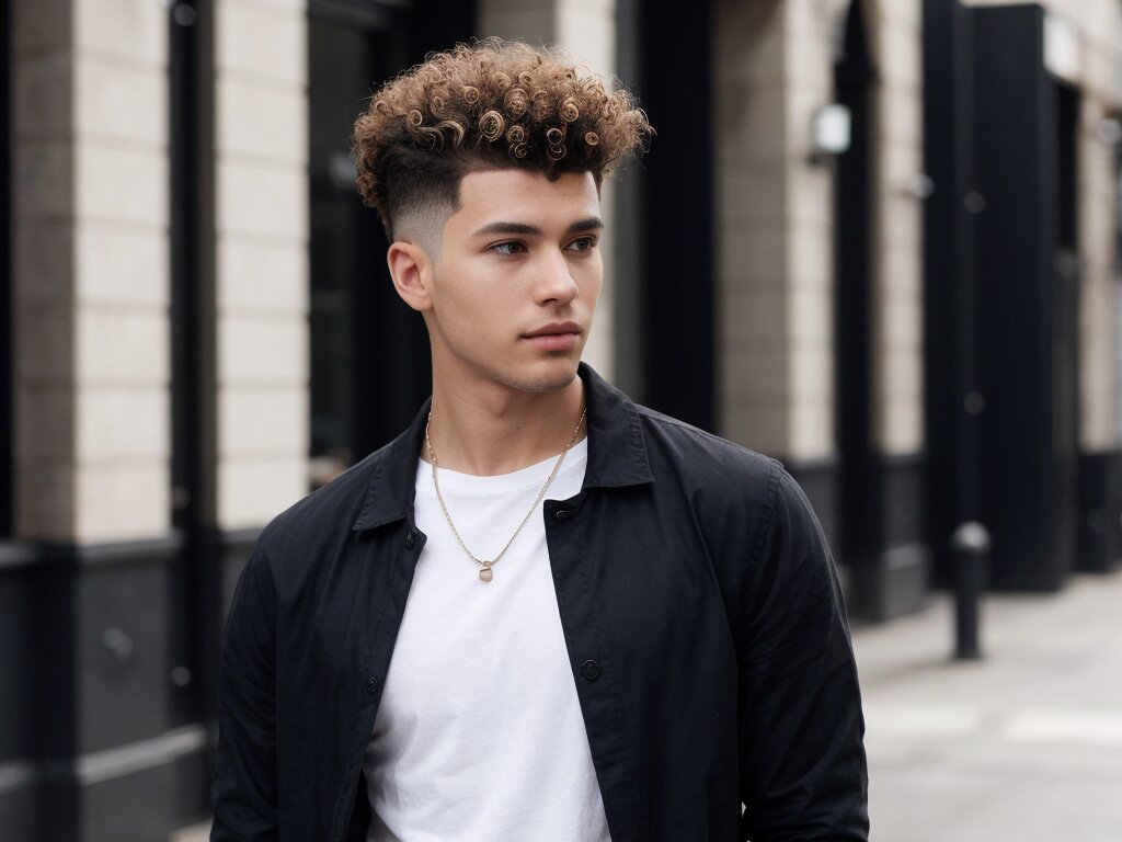 A man with a curly top haircut, emphasizing natural curls on top with shaved sides