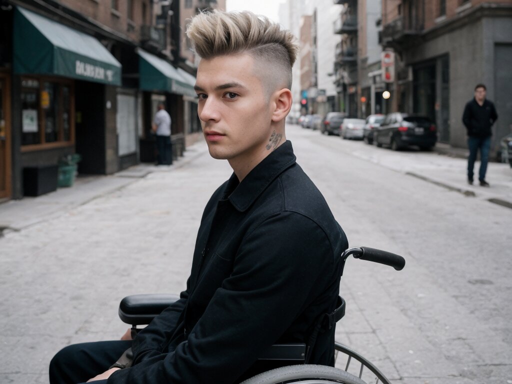 Man in a wheelchair with a high fade haircut, emphasizing the contrast between shaved sides and longer top hair