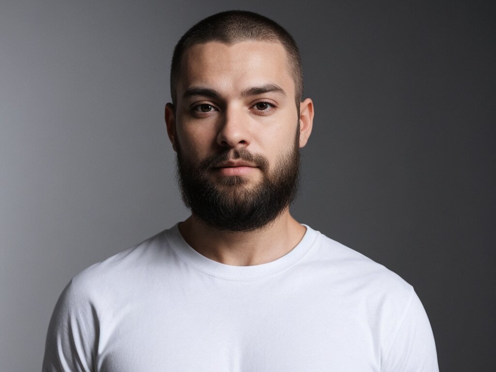 A man with a buzz cut and a full beard in a casual setting