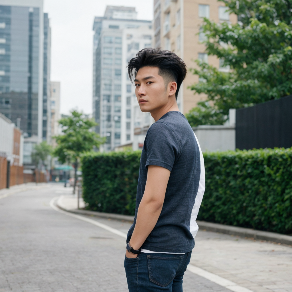 Asian man with a modern quiff hairstyle, featuring textured layers and height