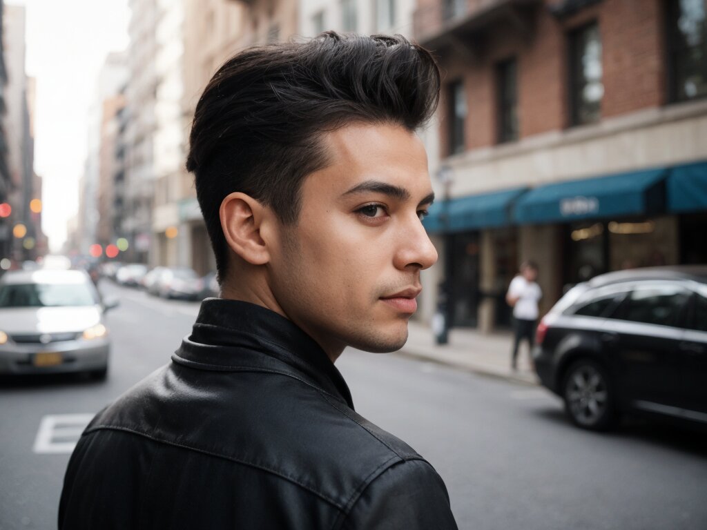 A Latin looking man with a pompadour hairstyle showing off height and volume