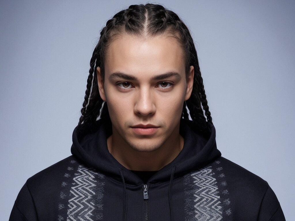 A man with cornrow braids styled in a geometric pattern, emphasizing clean lines and symmetry