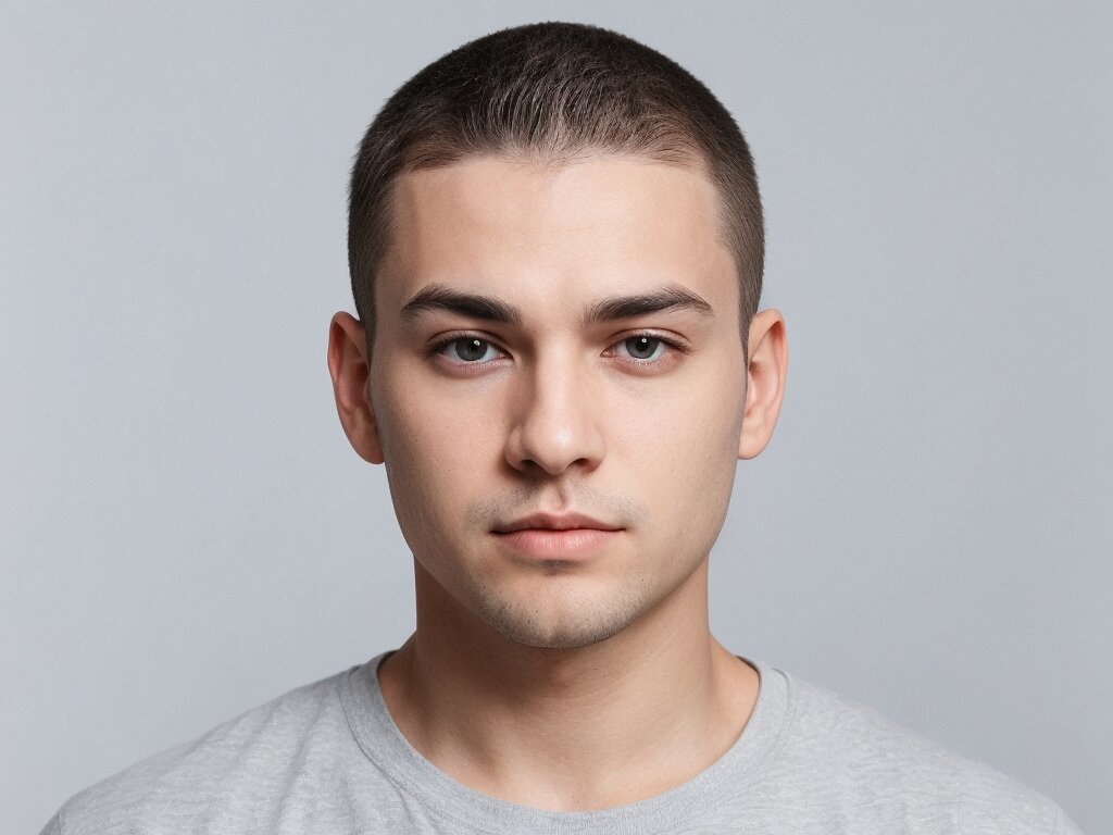 Young guy with an oval face shape and a classic buzz cut hairstyle
