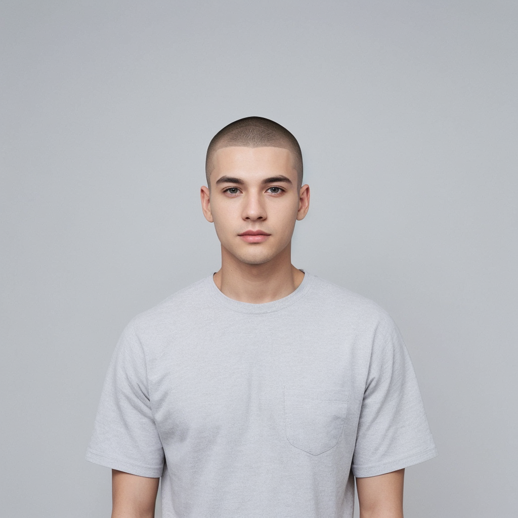 A man with an oval face shape and a classic buzz cut hairstyle