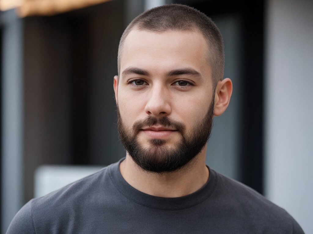 A man with a buzz cut, taper, and a styled beard