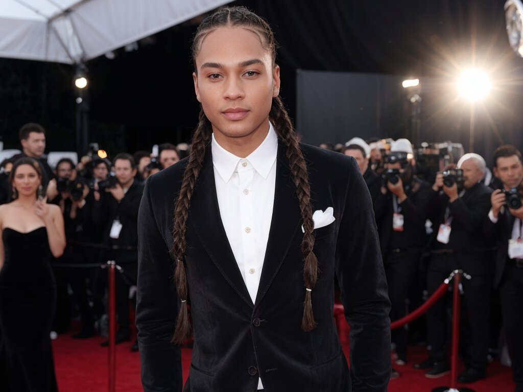 A celebrity with cornrow braids, dressed in a stylish outfit on a red carpet