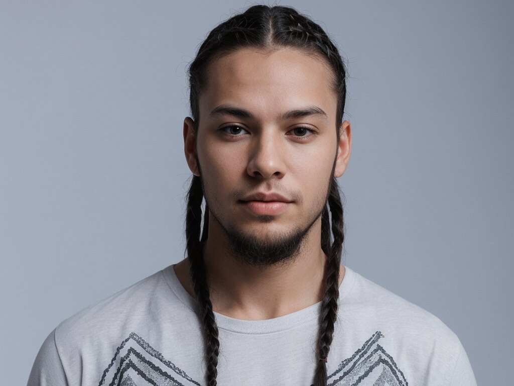 A young man with intricate cornrow patterns, featuring zig-zags and curves