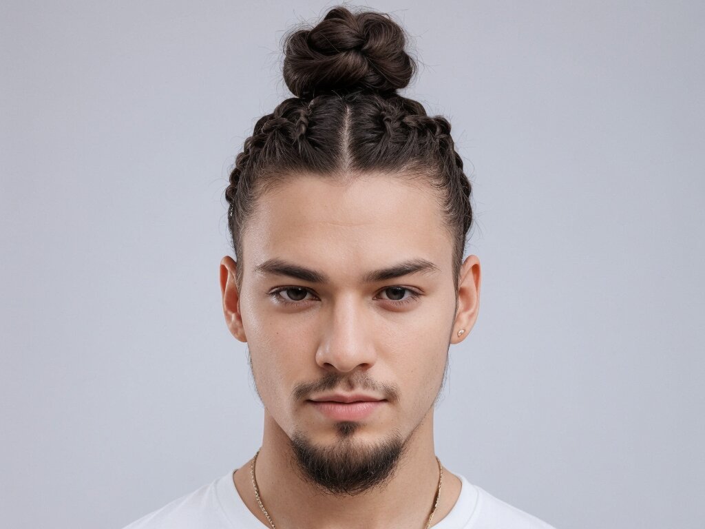 A man with cornrow braids styled into a topknot, combining traditional cornrows with a modern twist
