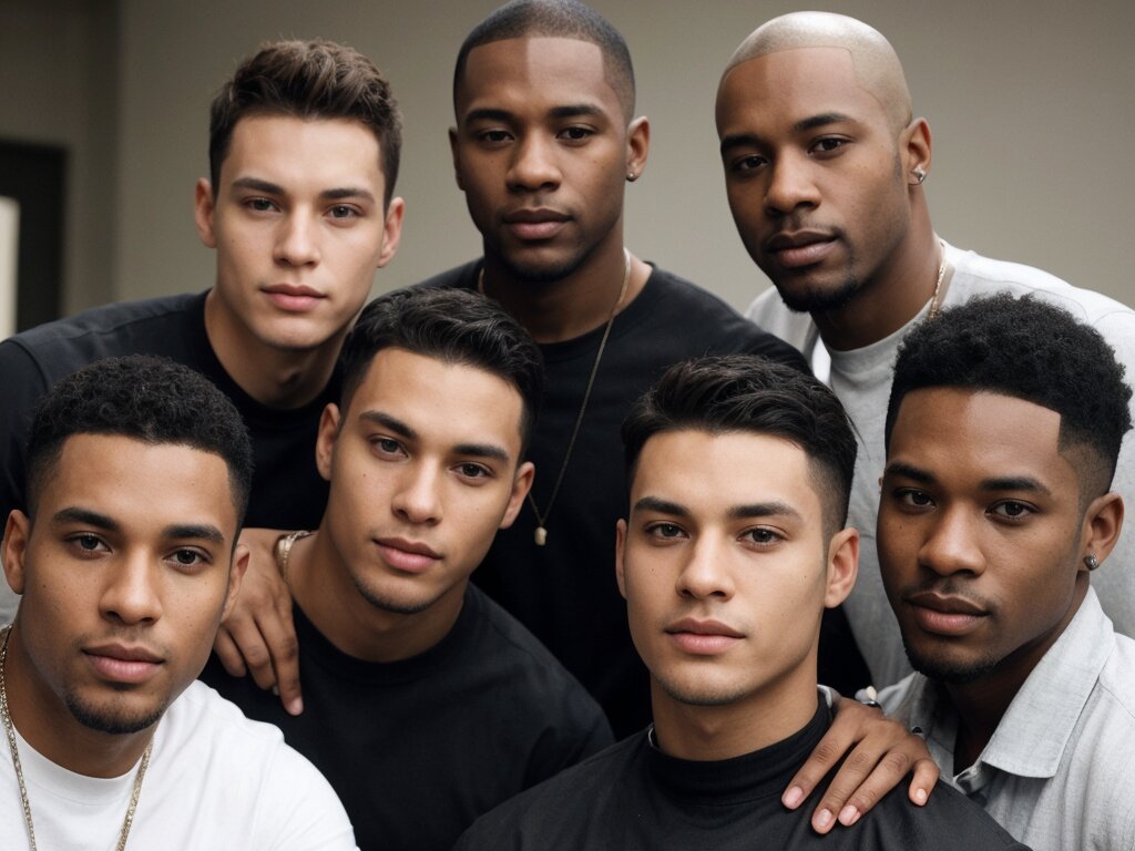 Group of Black men with with different types of fade haircuts 2024
