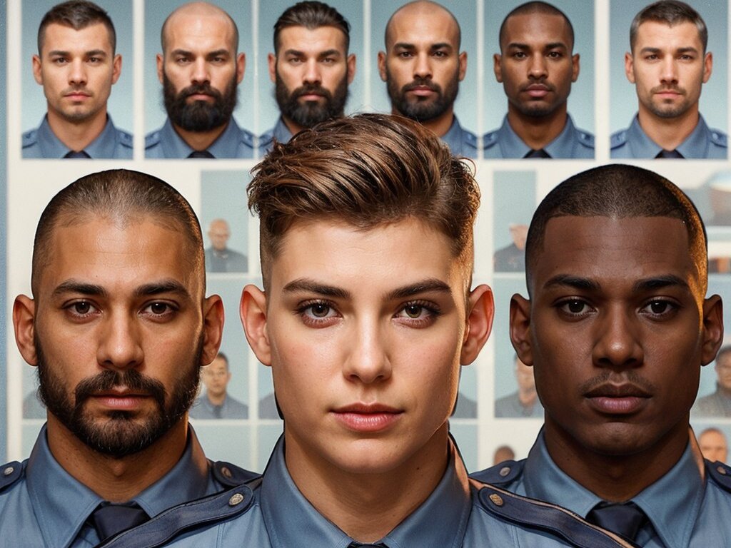 Group of police officers demonstrating uniformity in haircut styles