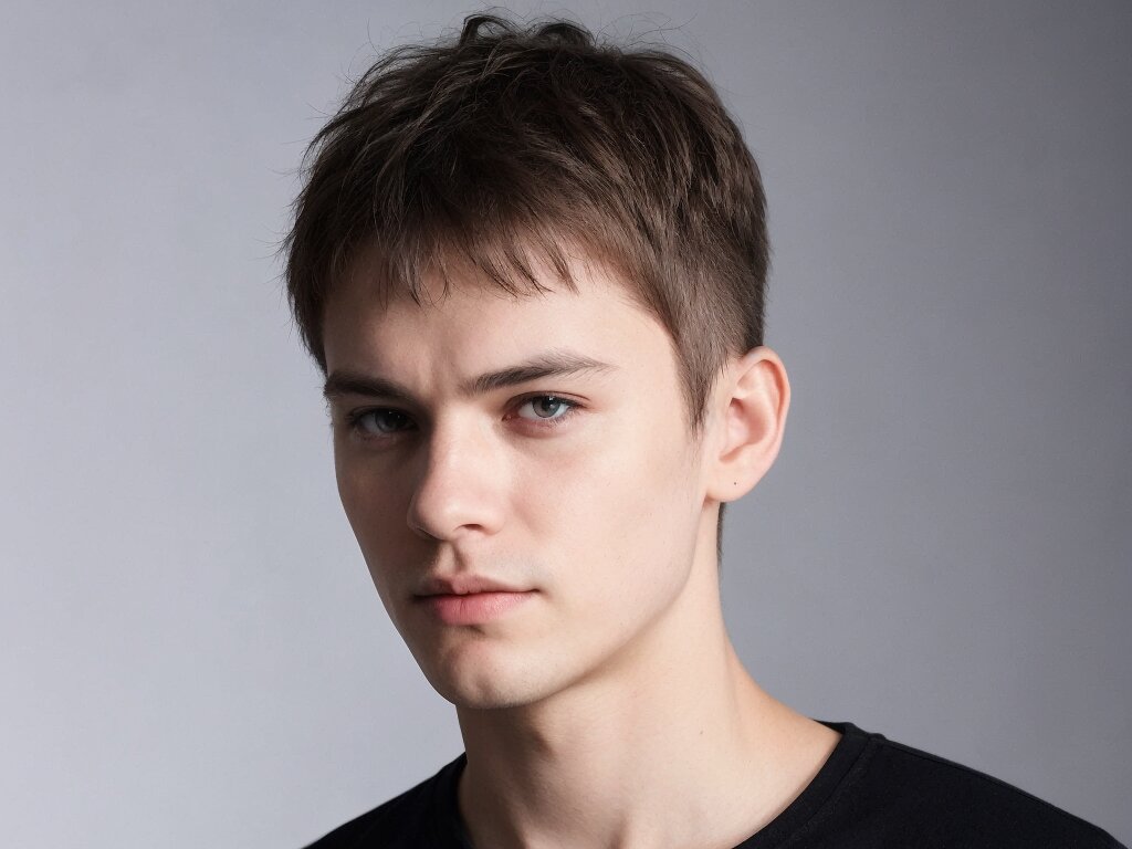 Front view of a French crop, a stylish short haircut for men with a longer fringe
