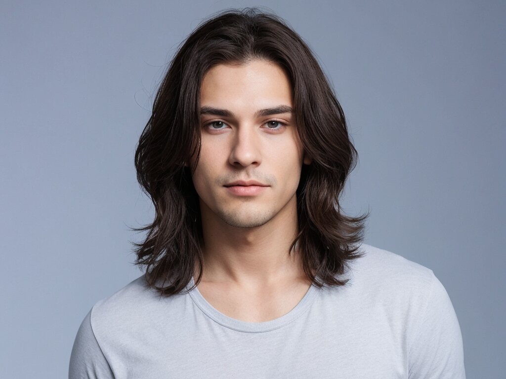 A man with an oval face shape and a layered long hairstyle