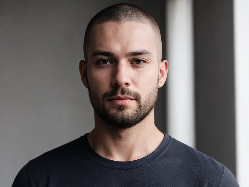 A man with a long buzz cut and a trimmed beard