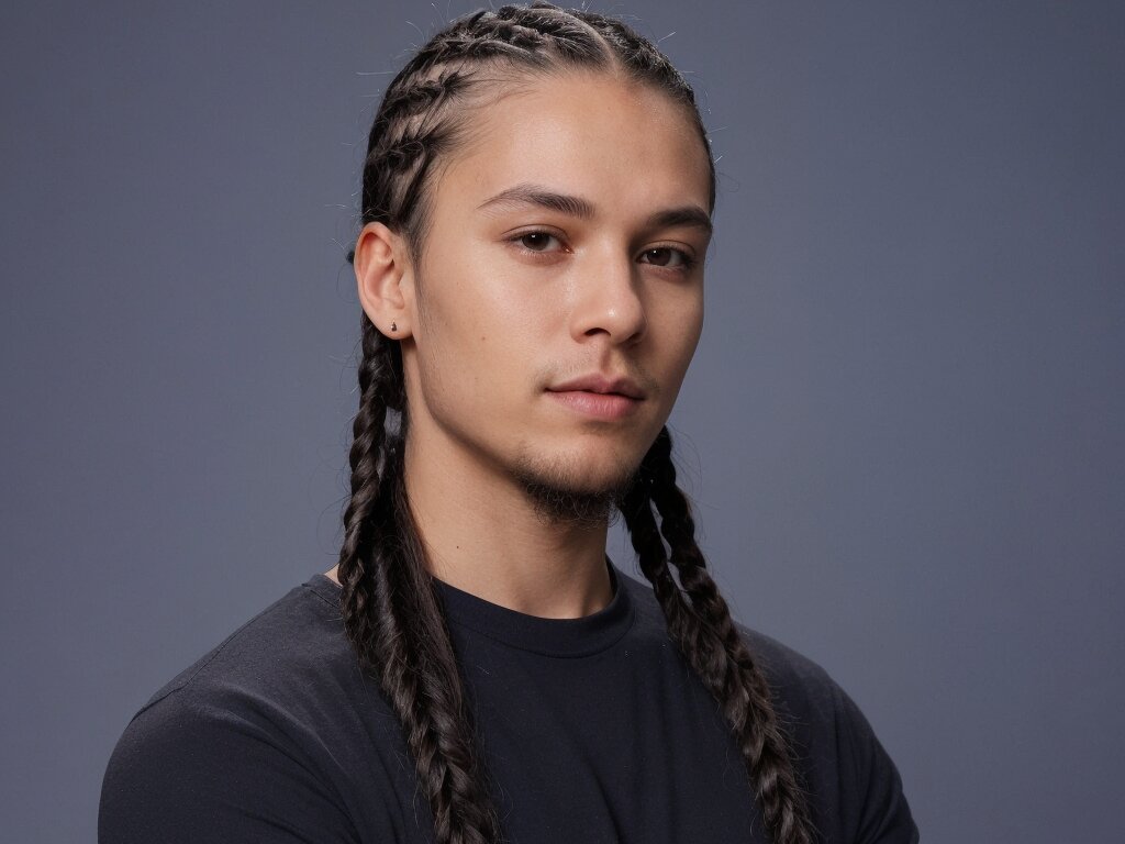 A man with long cornrow braids, extending past his shoulders, showcasing length and style
