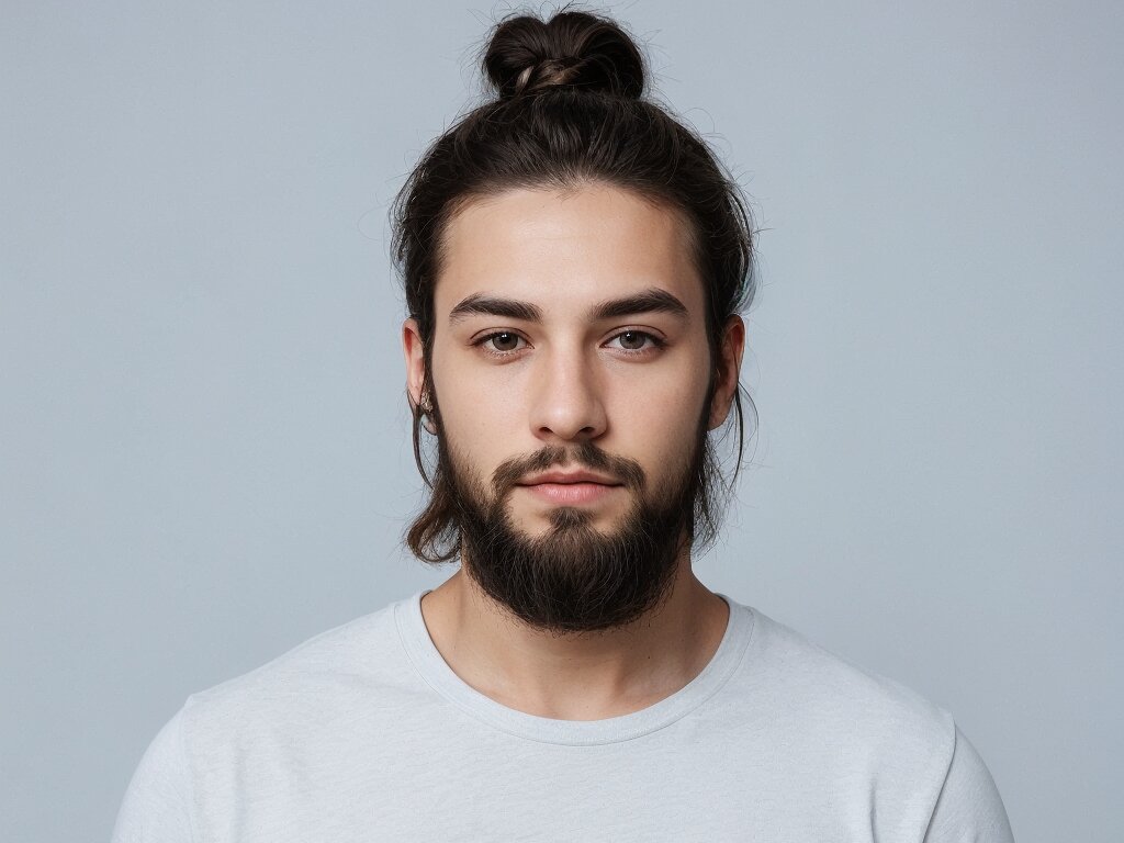 A man with an oval face shape and a man bun hairstyle