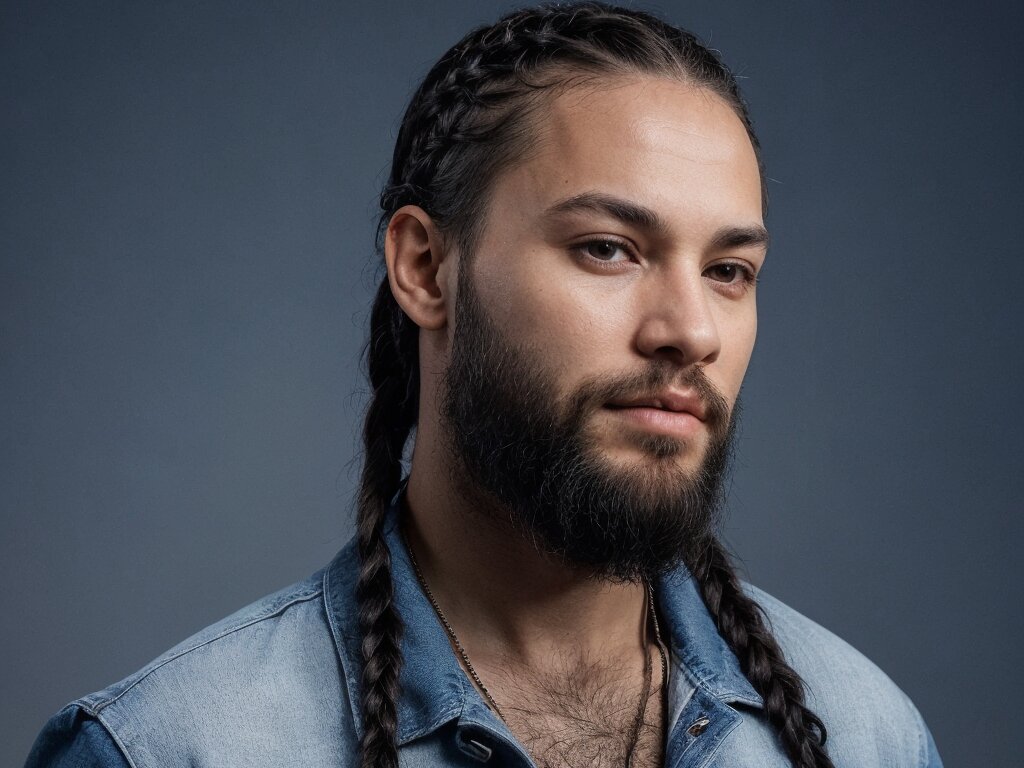 A man with cornrow braids and a beard, emphasizing a rugged yet stylish look