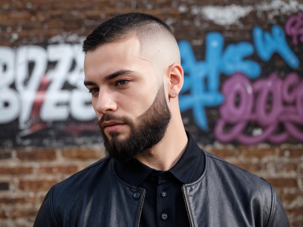 A man with a mid-fade buzz cut and a thick beard