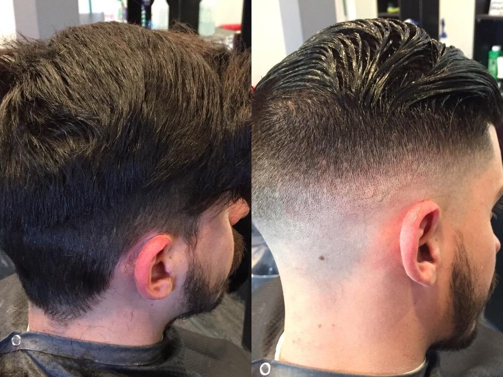 Before and after transformation with mid fade haircut