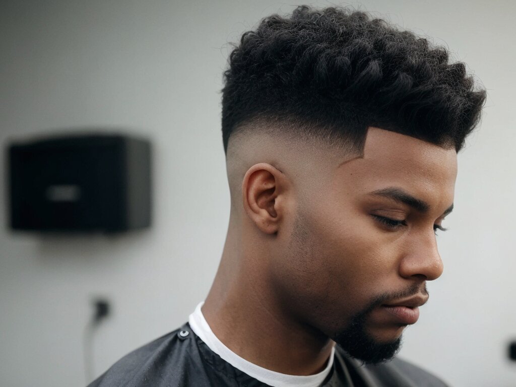 Mid fade haircut on a Black male in a casual setting