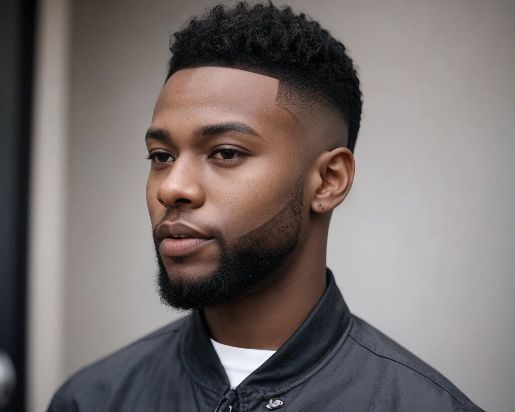 Black man with a shadow fade haircut, with a subtle and blended transition from short to long hair
