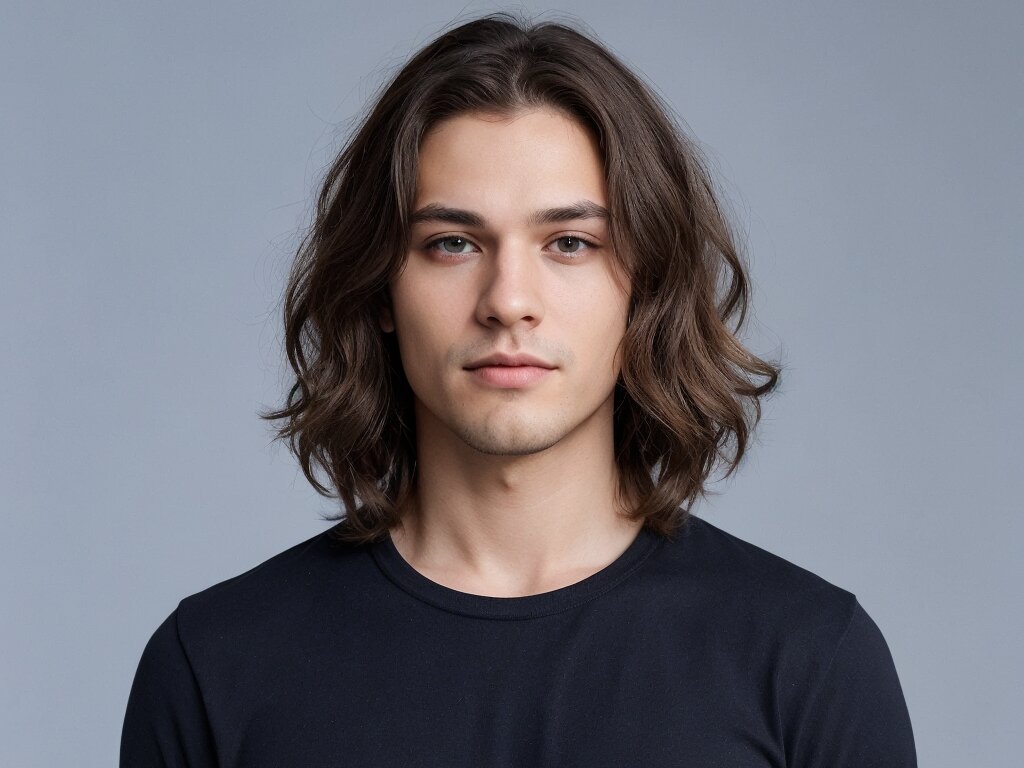 A man with an oval face shape and shoulder-length waves hairstyle