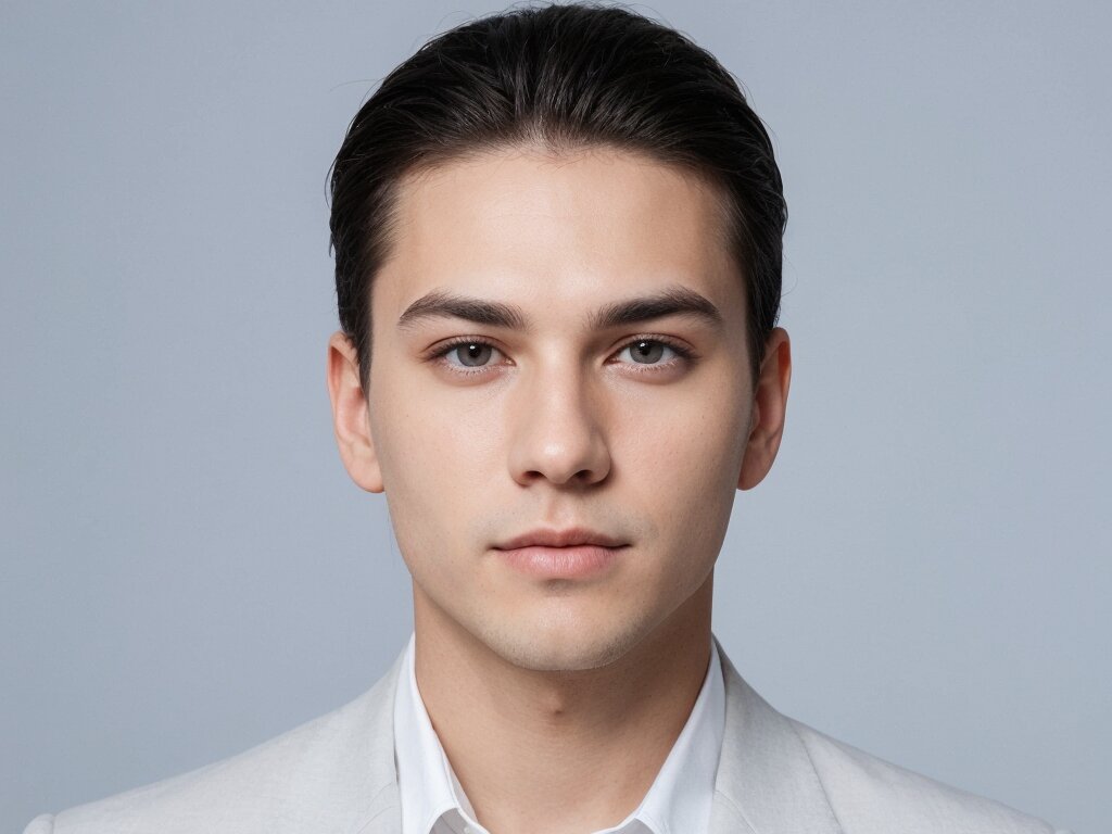 A man with an oval face shape and a slicked-back hairstyle