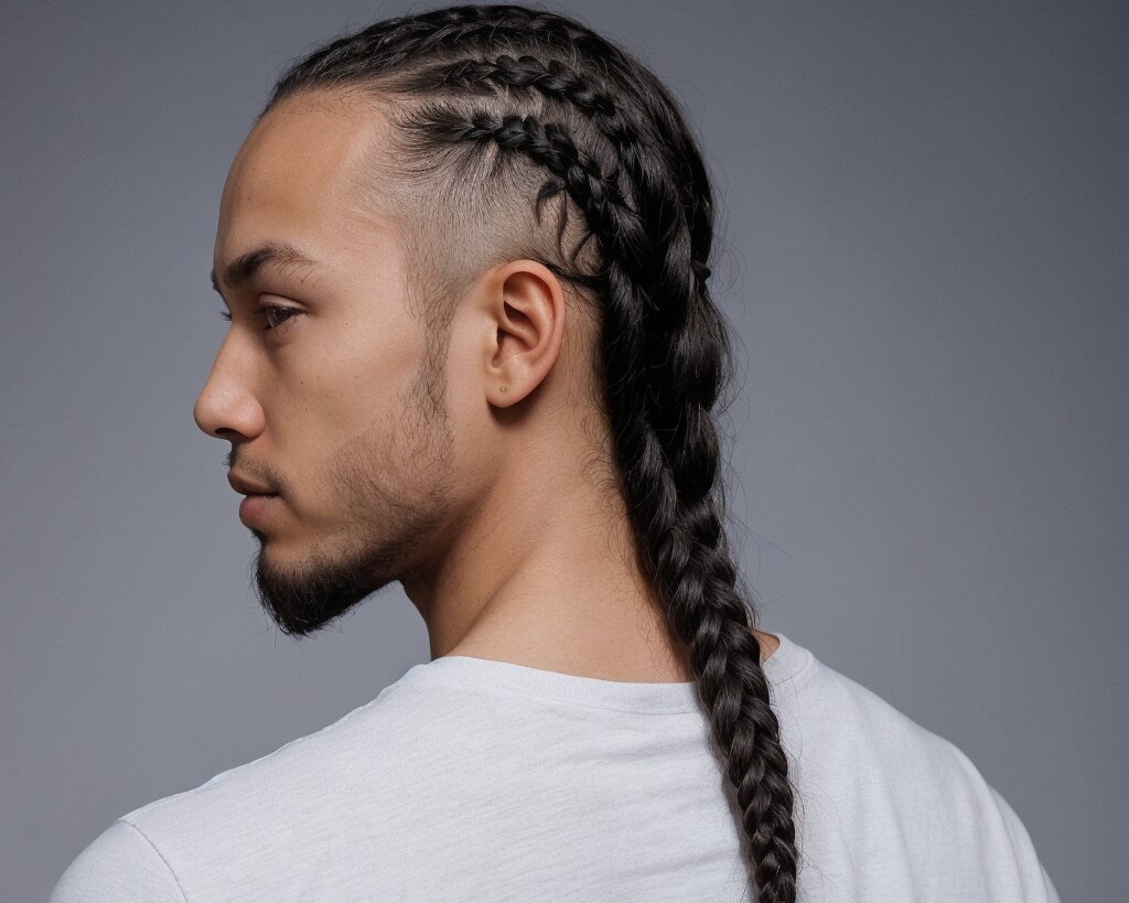 A close-up of a man with classic cornrow braids styled in straight rows from front to back
